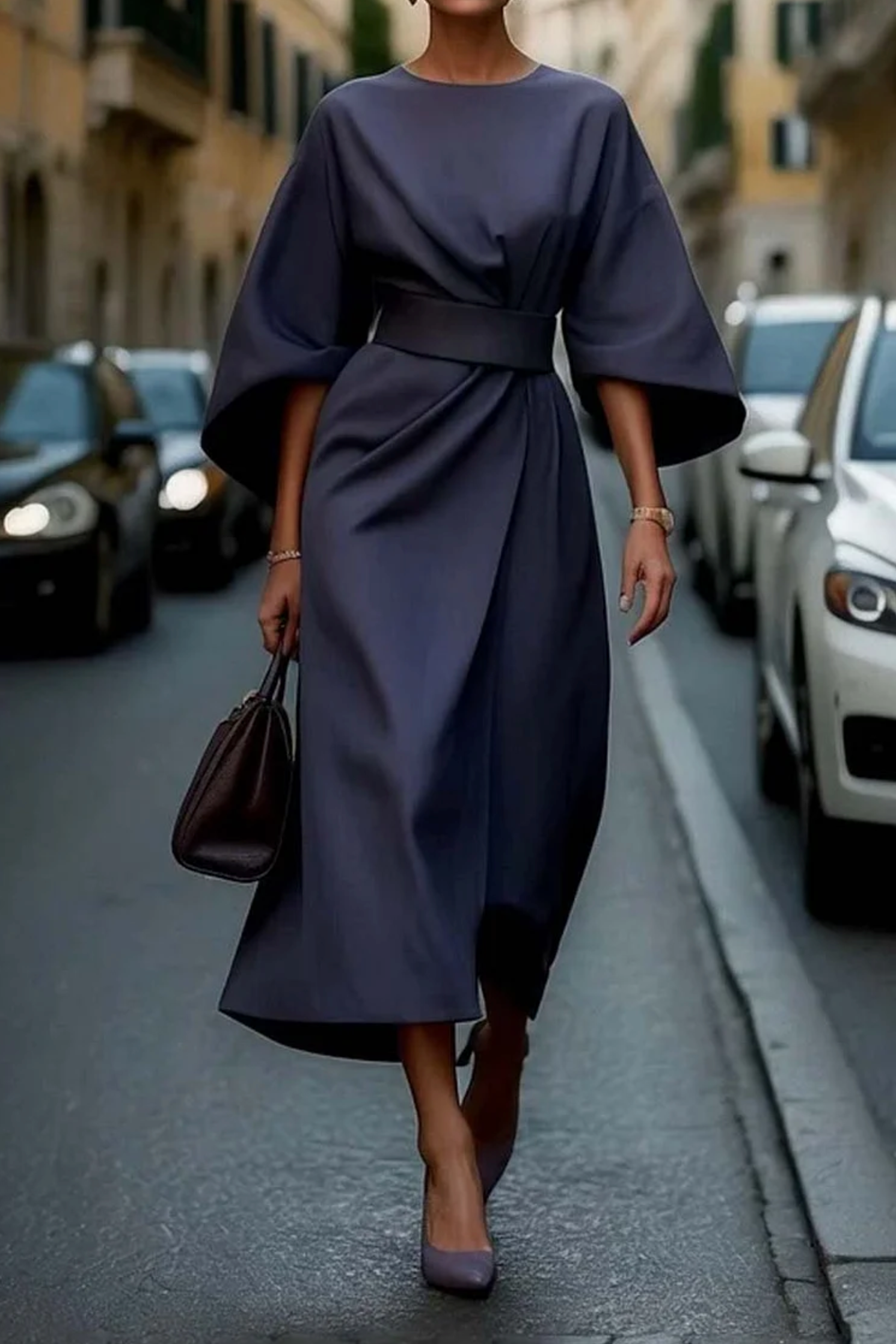 Dames Midi Jurk Lantaarnmouwen Gedrapeerde Taille A-lijn Elegant Avond - Marineblauw / Zwart / Bordeaux - Maelen