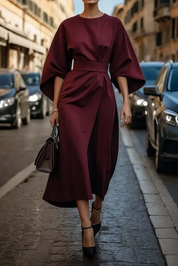 Dames Midi Jurk Lantaarnmouwen Gedrapeerde Taille A-lijn Elegant Avond - Marineblauw / Zwart / Bordeaux - Maelen
