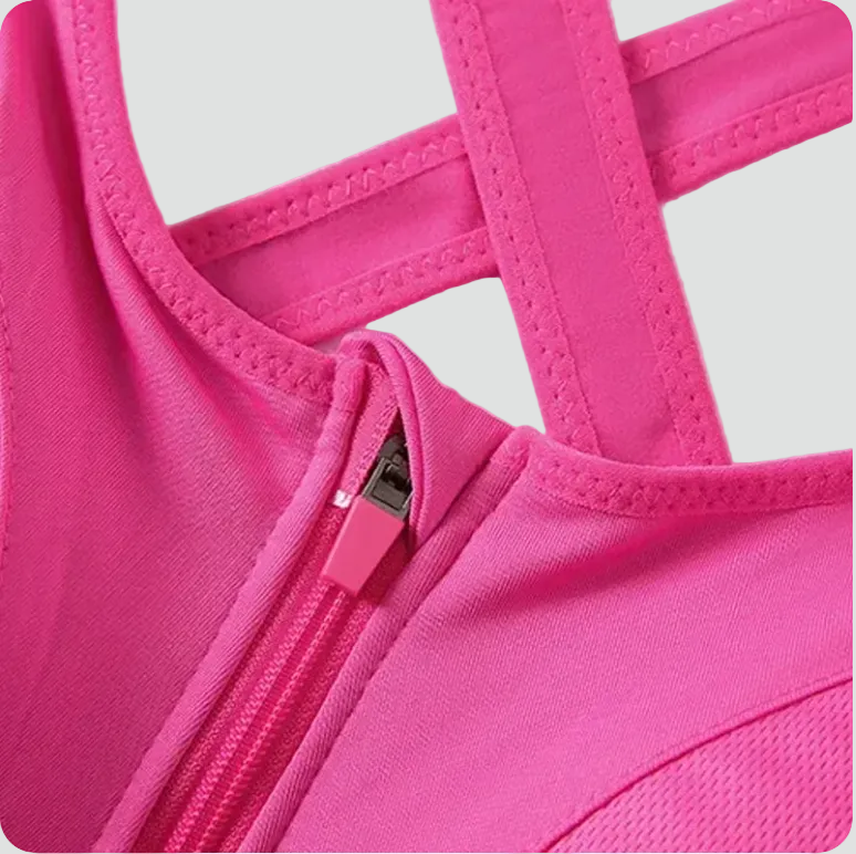 Dames Sportbeha met Rits aan de Voorkant, Verstelbare Rug en Gekruiste Bandjes - Zwart/Grijs/Roze