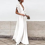 Jill | Maxi Jurk Dames met Elegante Ruches en V-hals - Vloeiend, Feestklaar en Vrouwelijk - Blauw / Rood / Groen