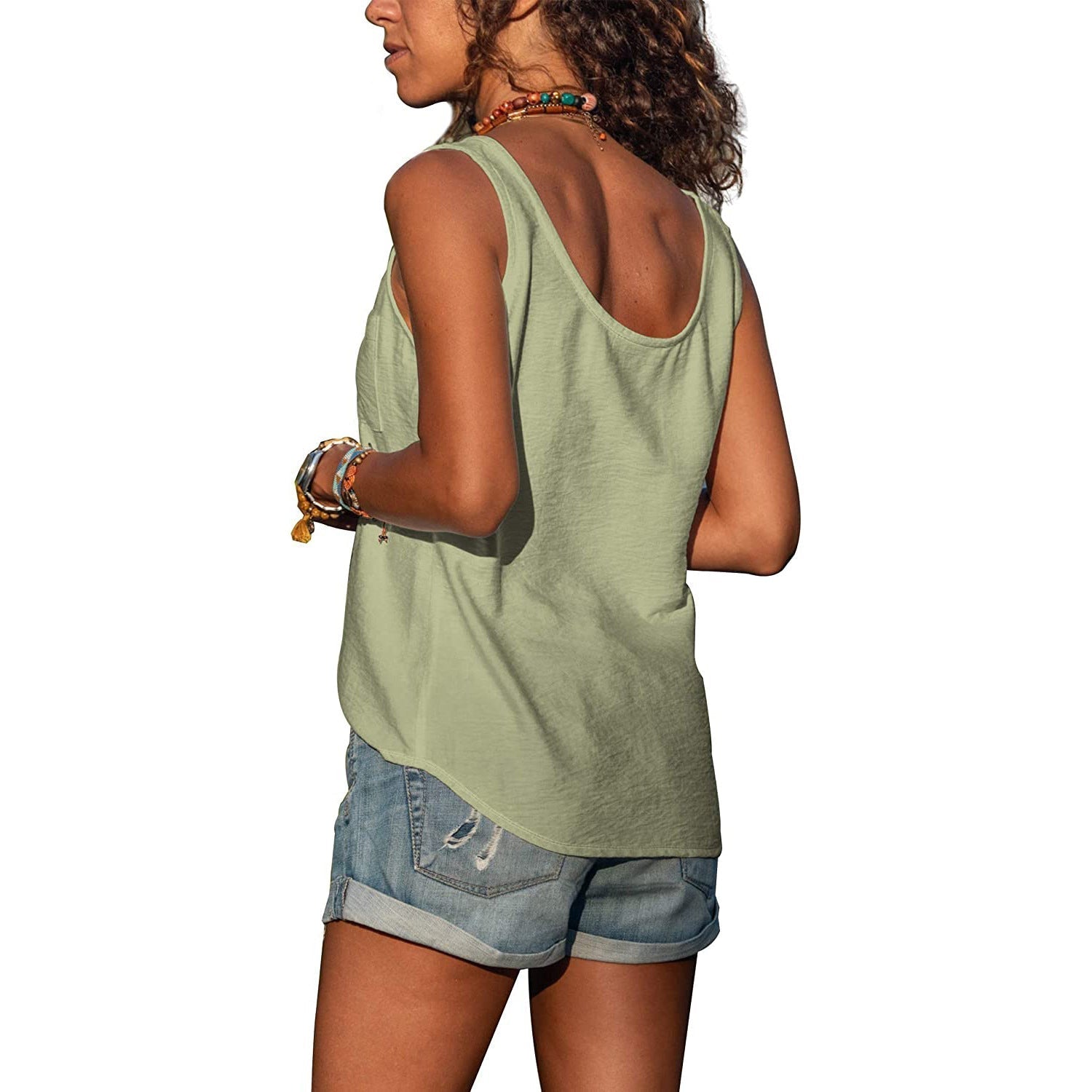 Katoenen Mouwloze Blouse Dames met Knoopjes en Ibiza-stijl - Grijs / Wit / Zwart