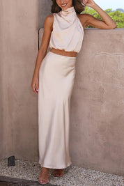 Valentina Satijnen Co-ord Set – Chique Halter Crop Top en Maxi Rok voor Feestelijke Gelegenheden