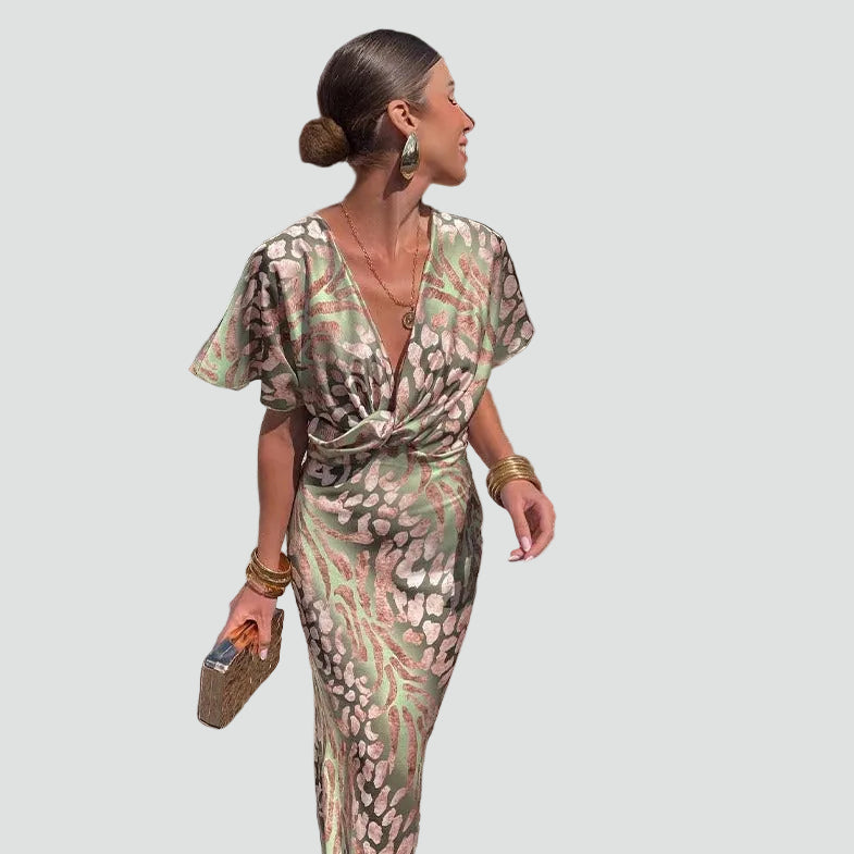 Verleidelijke Luchtige Maxi Jurk Dames met Overslaghalslijn, Diepe V-hals en Dierenprint - Groen/Roze/Beige