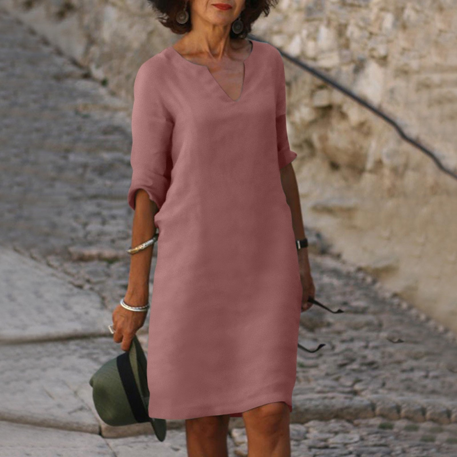 Linnen Midi Jurk Dames V-hals | Luchtige Zomerjurk Loose Fit – Villa Toscana