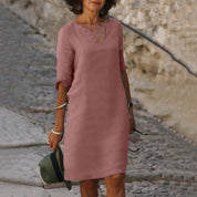 Linnen Midi Jurk Dames V-hals | Luchtige Zomerjurk Loose Fit – Villa Toscana