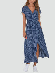 Middellange Koperen Jurk met V-hals en Strik in de Taille, Overslagjurk met Split - Blauw/Rood/Roze