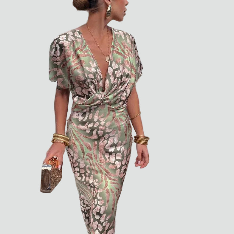 Verleidelijke Luchtige Maxi Jurk Dames met Overslaghalslijn, Diepe V-hals en Dierenprint - Groen/Roze/Beige