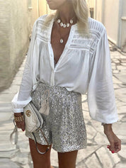 Giulia Pailletten Shorts | Feestelijke Satijnen Shorts met Hoge Taille en Trekkoord