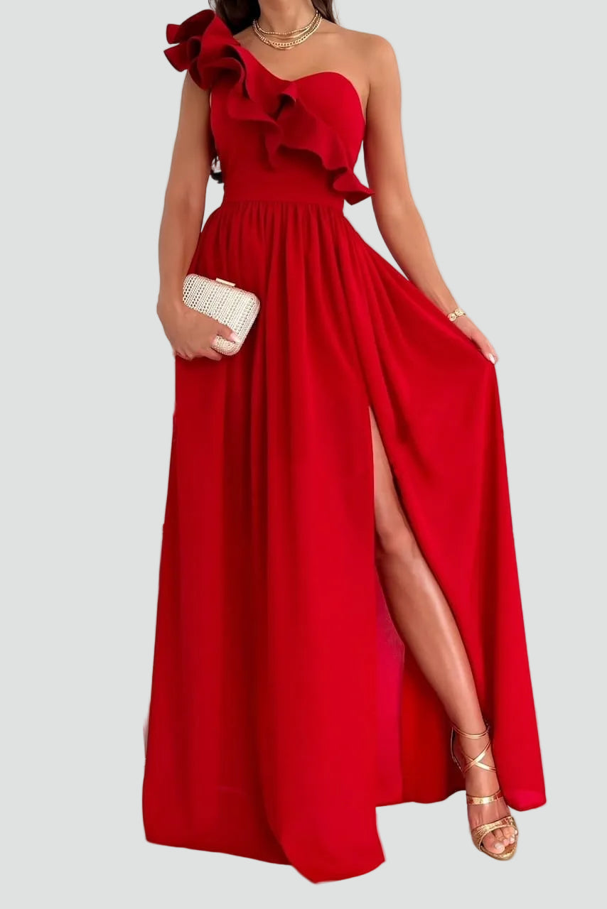 Maxi Avondjurk voor Bruiloft met Split en Volant, One Shoulder Galajurk - Beige/Rood/Zwart