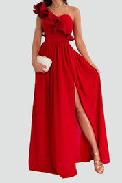 Maxi Avondjurk voor Bruiloft met Split en Volant, One Shoulder Galajurk - Beige/Rood/Zwart