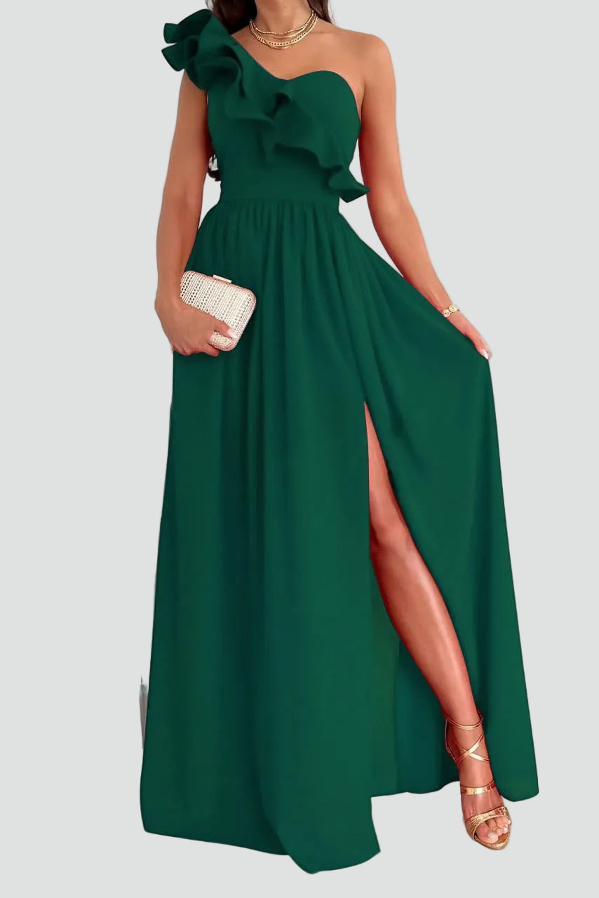 Maxi Avondjurk voor Bruiloft met Split en Volant, One Shoulder Galajurk - Beige/Rood/Zwart
