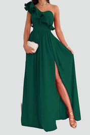 Maxi Avondjurk voor Bruiloft met Split en Volant, One Shoulder Galajurk - Beige/Rood/Zwart