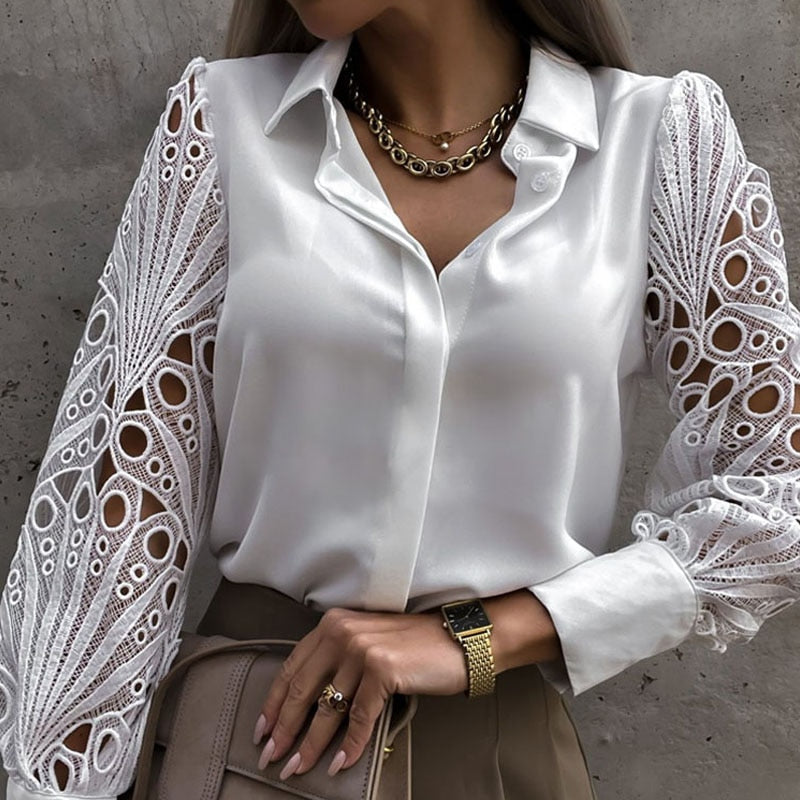 Albina Blouse | Elegante Damesblouse met Kanten Mouwen en Klassieke Kraag