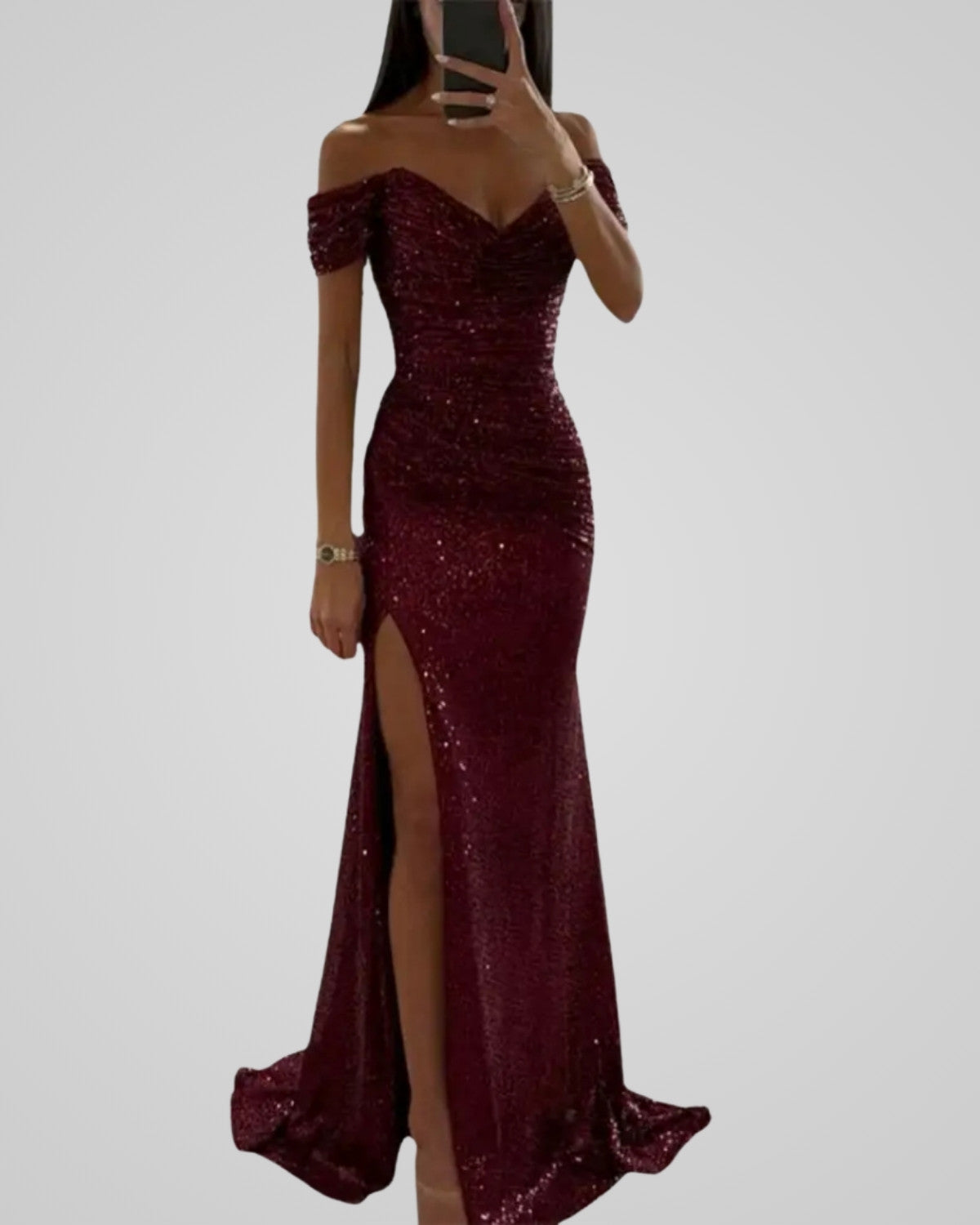 Seraphina Aurelia | Off-Shoulder Pailletten Jurk met Hoge Split