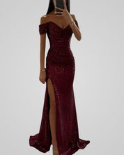 Seraphina Aurelia | Off-Shoulder Pailletten Jurk met Hoge Split