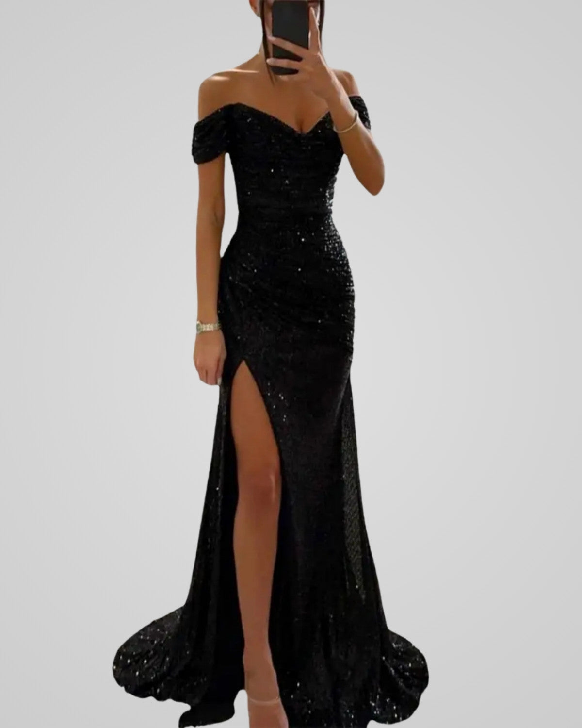 Seraphina Aurelia | Off-Shoulder Pailletten Jurk met Hoge Split