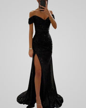 Seraphina Aurelia | Off-Shoulder Pailletten Jurk met Hoge Split