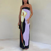Estrella | Luxe Strapless Maxi Jurk met Print - Vloeiend, Feestklaar en Opvallend - Groen / Oranje / Lila