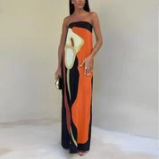 Estrella | Luxe Strapless Maxi Jurk met Print - Vloeiend, Feestklaar en Opvallend - Groen / Oranje / Lila