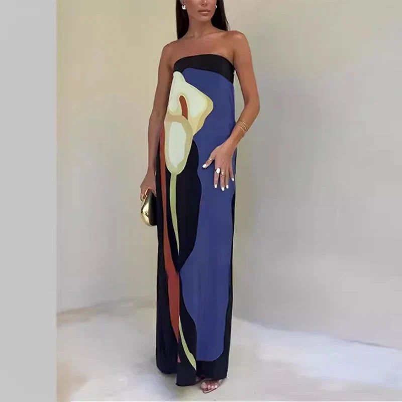 Estrella | Luxe Strapless Maxi Jurk met Print - Vloeiend, Feestklaar en Opvallend - Groen / Oranje / Lila