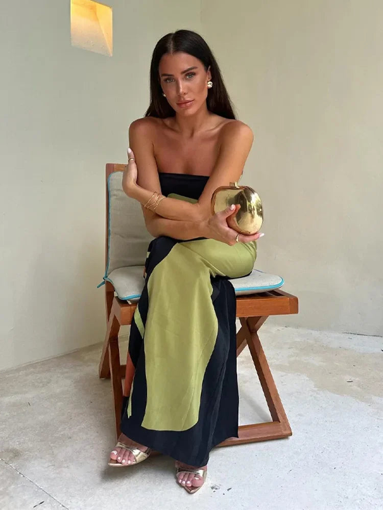 Estrella | Luxe Strapless Maxi Jurk met Print - Vloeiend, Feestklaar en Opvallend - Groen / Oranje / Lila
