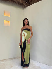 Estrella | Luxe Strapless Maxi Jurk met Print - Vloeiend, Feestklaar en Opvallend - Groen / Oranje / Lila