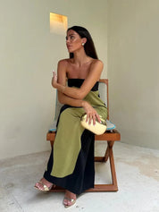 Estrella | Luxe Strapless Maxi Jurk met Print - Vloeiend, Feestklaar en Opvallend - Groen / Oranje / Lila
