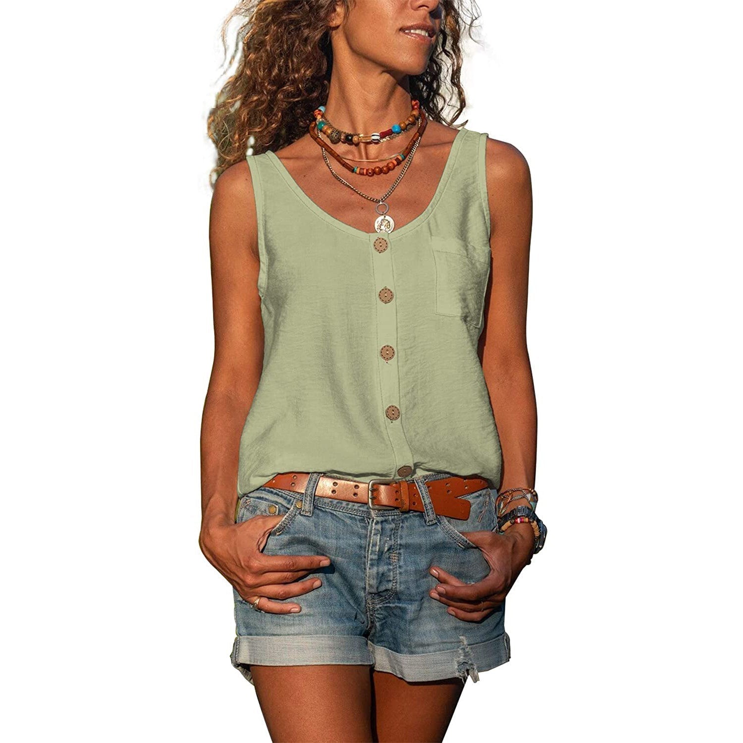 Katoenen Mouwloze Blouse Dames met Knoopjes en Ibiza-stijl - Grijs / Wit / Zwart
