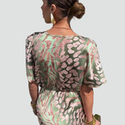 Verleidelijke Luchtige Maxi Jurk Dames met Overslaghalslijn, Diepe V-hals en Dierenprint - Groen/Roze/Beige