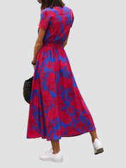 Middellange Koperen Jurk met V-hals en Strik in de Taille, Overslagjurk met Split - Blauw/Rood/Roze