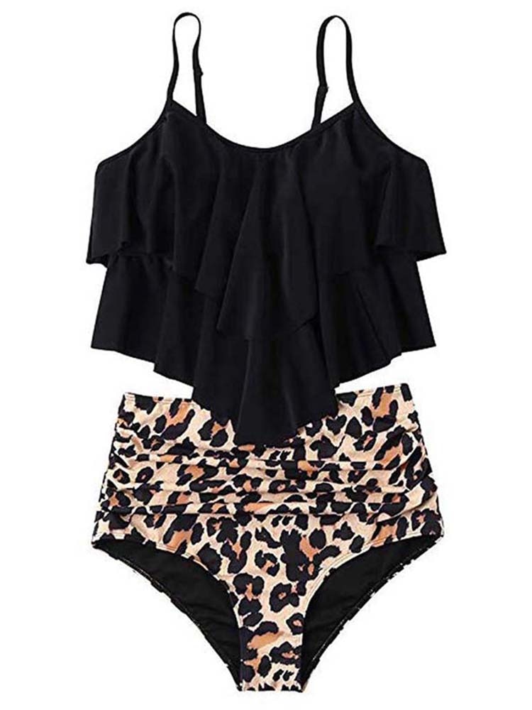 High Waist Bikini Set Dames met Ruches en Tropische Print - Luipaard / Roze / Groen - Maelen