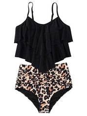 High Waist Bikini Set Dames met Ruches en Tropische Print - Luipaard / Roze / Groen - Maelen