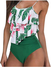 High Waist Bikini Set Dames met Ruches en Tropische Print - Luipaard / Roze / Groen - Maelen