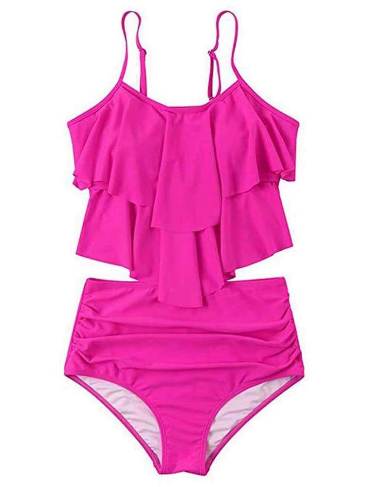 High Waist Bikini Set Dames met Ruches en Tropische Print - Luipaard / Roze / Groen - Maelen