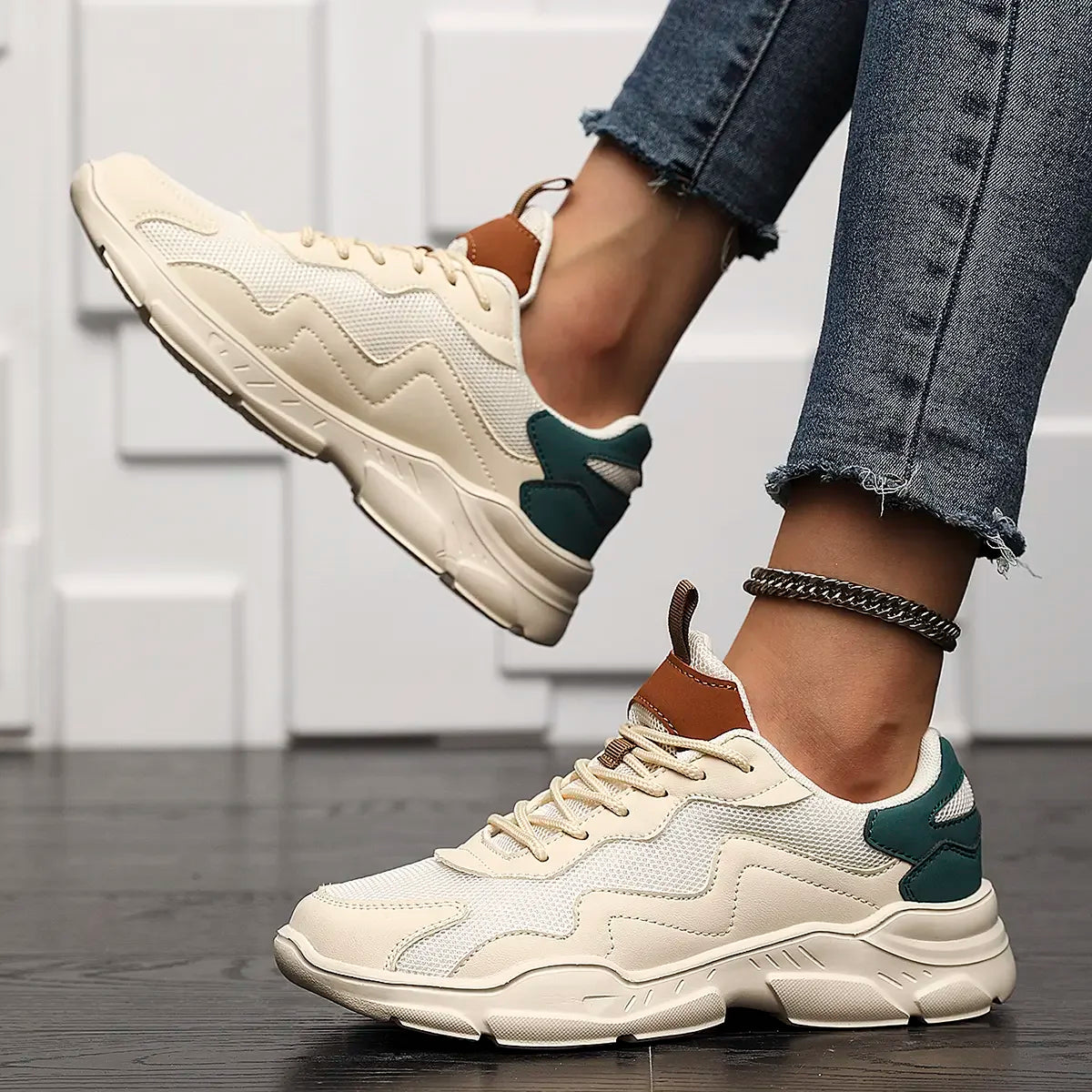 Nova | Chunky Sneakers Dames met Kleurblok - Lichtgewicht, Trendy en Comfortabel - Beige / Zwart / Wit