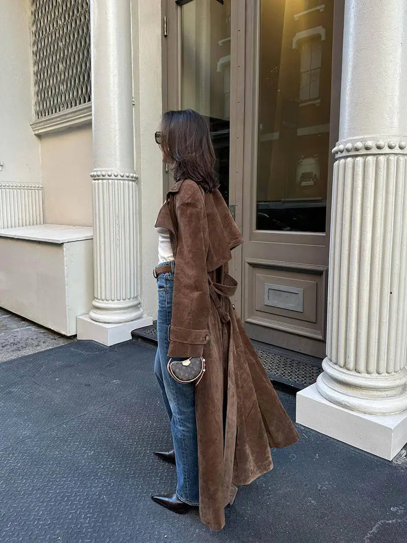 Valeria Suède trenchcoat dames – elegante lange jas met ceintuur voor herfst en winter