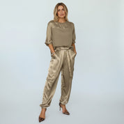 Satijnen Set Dames Tweedelig Top en Broek Opstaande Kraag - Goud / Zwart / Wit - Maelen