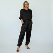 Satijnen Set Dames Tweedelig Top en Broek Opstaande Kraag - Goud / Zwart / Wit - Maelen