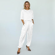 Satijnen Set Dames Tweedelig Top en Broek Opstaande Kraag - Goud / Zwart / Wit - Maelen