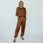 Satijnen Set Dames Tweedelig Top en Broek Opstaande Kraag - Goud / Zwart / Wit - Maelen