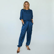 Satijnen Set Dames Tweedelig Top en Broek Opstaande Kraag - Goud / Zwart / Wit - Maelen