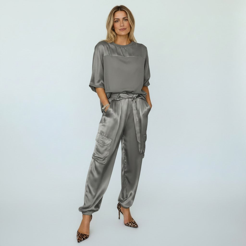Satijnen Set Dames Tweedelig Top en Broek Opstaande Kraag - Goud / Zwart / Wit - Maelen