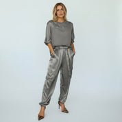 Satijnen Set Dames Tweedelig Top en Broek Opstaande Kraag - Goud / Zwart / Wit - Maelen