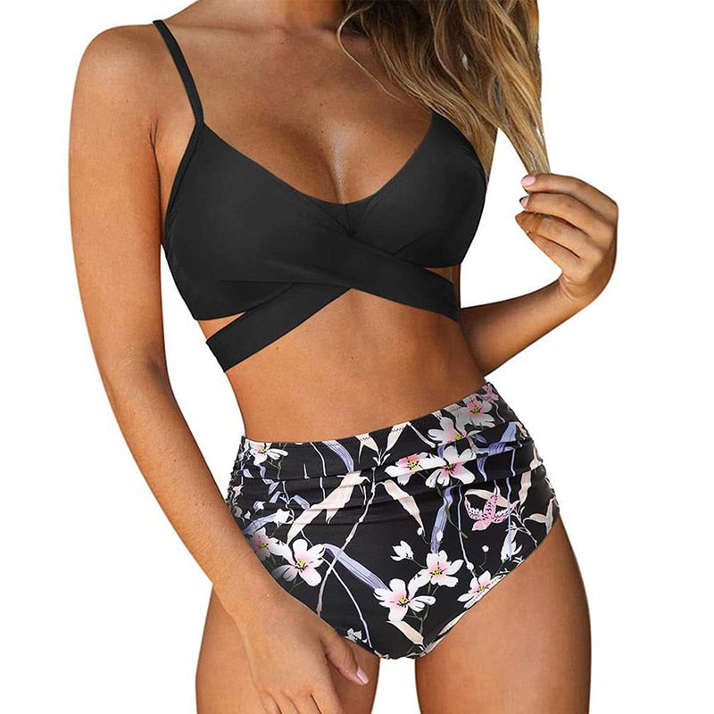 High Waisted Bikini Dames met Bloemenprint en Gekruiste Top - Zwart / Geel / Blauw - Maelen