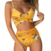 High Waisted Bikini Dames met Bloemenprint en Gekruiste Top - Zwart / Geel / Blauw - Maelen