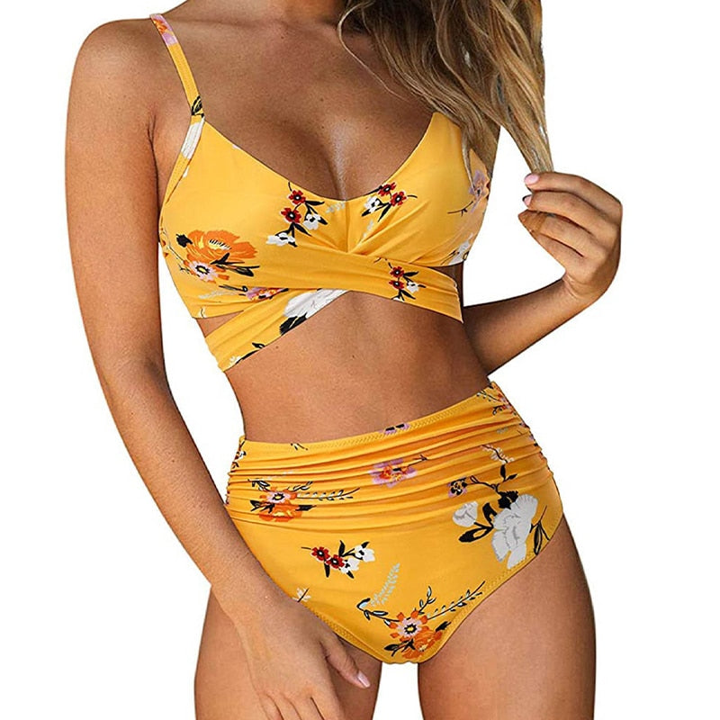 High Waisted Bikini Dames met Bloemenprint en Gekruiste Top - Zwart / Geel / Blauw - Maelen