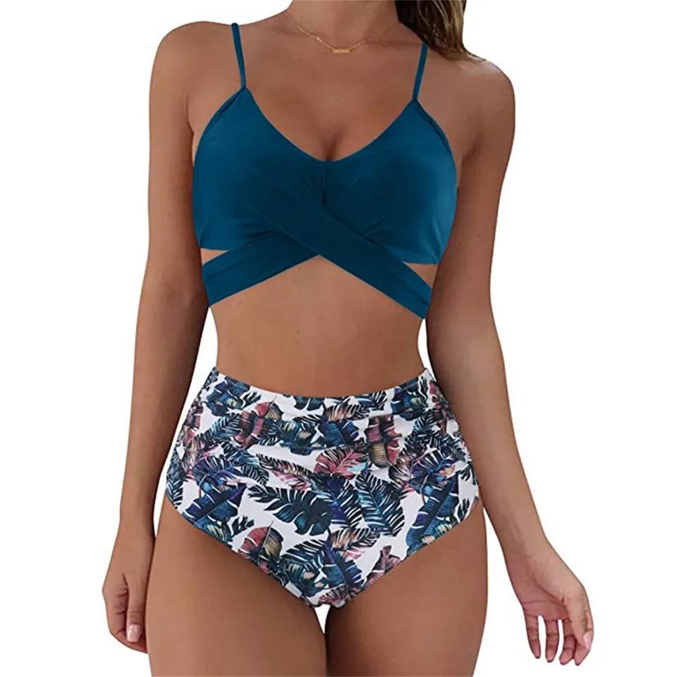 High Waisted Bikini Dames met Bloemenprint en Gekruiste Top - Zwart / Geel / Blauw - Maelen