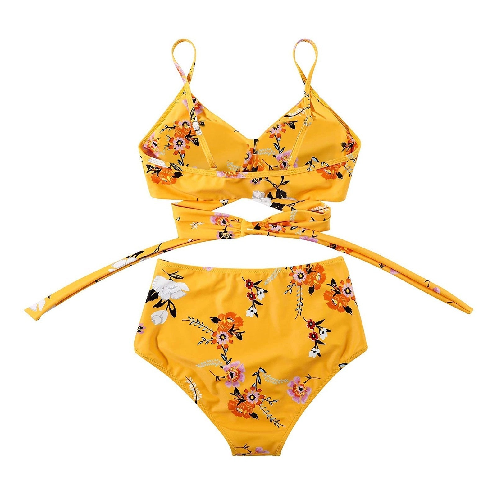 High Waisted Bikini Dames met Bloemenprint en Gekruiste Top - Zwart / Geel / Blauw - Maelen