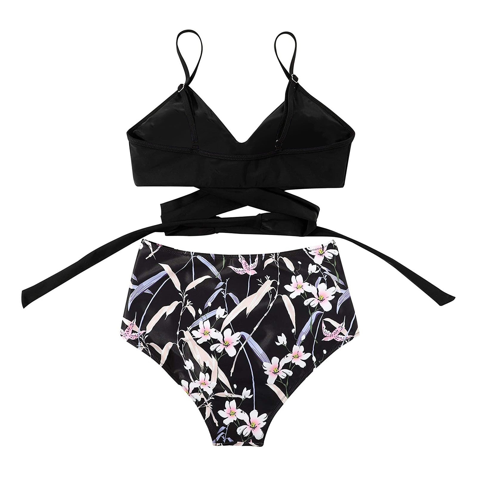 High Waisted Bikini Dames met Bloemenprint en Gekruiste Top - Zwart / Geel / Blauw - Maelen