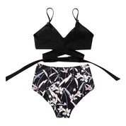 High Waisted Bikini Dames met Bloemenprint en Gekruiste Top - Zwart / Geel / Blauw - Maelen